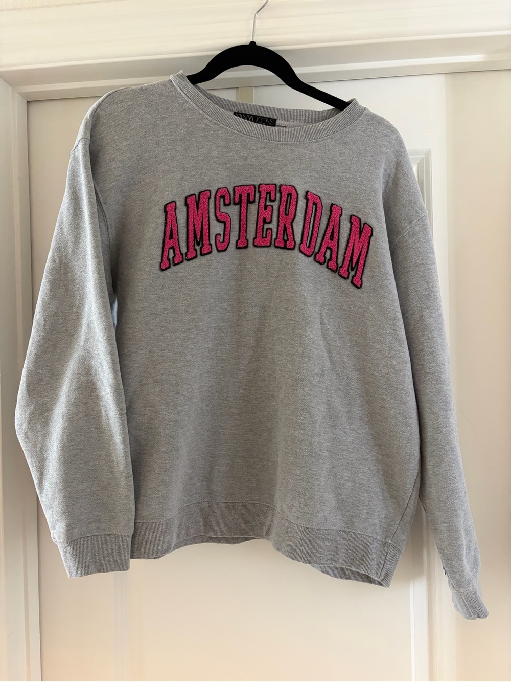 Grey Crewneck Sweatshirt with Pink Amsterdam Appliqué